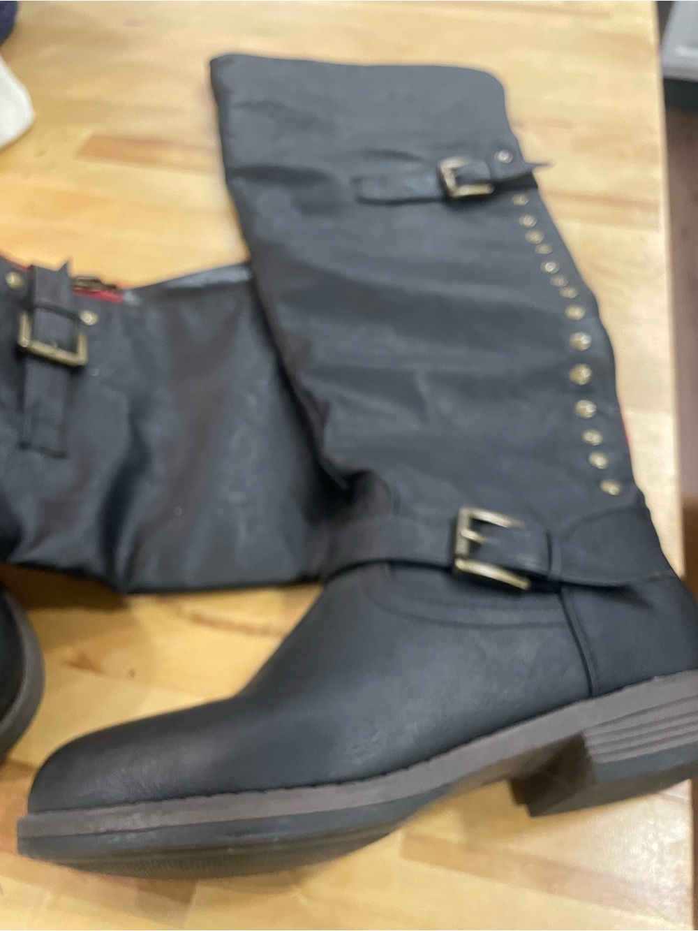 Women’s Black Buckle Moto Knee Boot - Classic Riding Style